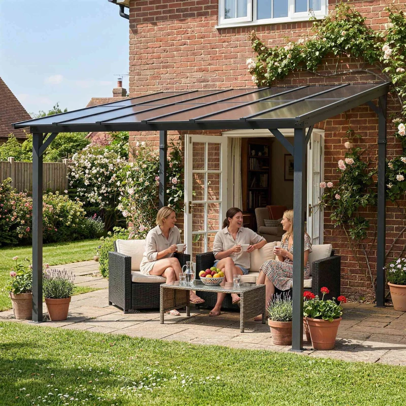 Outsunny 3 x 3 m Lean to Pergola with UPF 50+ Waterproof Polycarbonate Roof, Wall-Mounted or Free Standing Hardtop Roof Garden Metal Pergola Gazebo, Heavy Duty Outdoor Sun Shade, Dark Grey