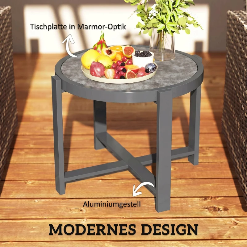 Outsunny Beistelltisch Gartentisch Rund wetterfest Aluminium Balkontisch mit Marmoroptik Grau