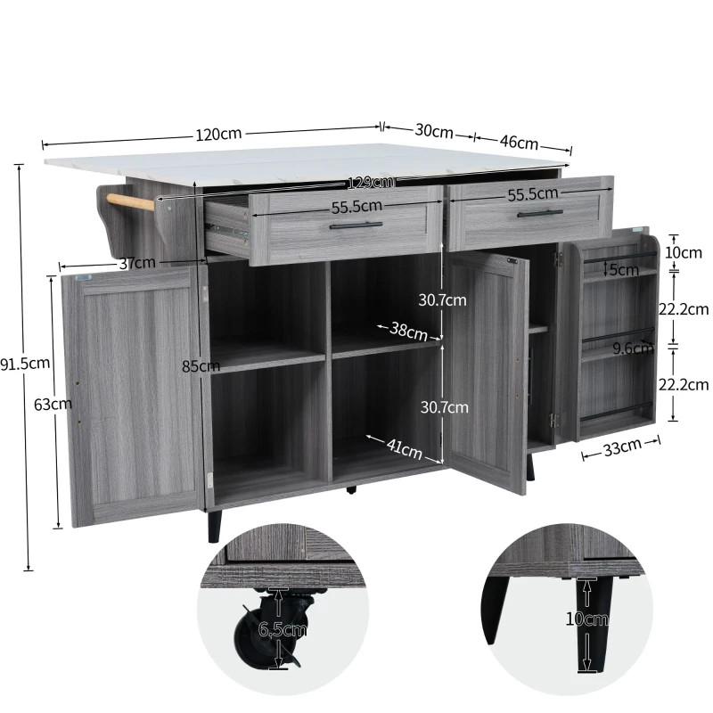 Grande ilha de cozinha com tampo extensível dobrável, 5 rodízios (2 com travão) , 129x46/71x91,5 cm, Cinzento