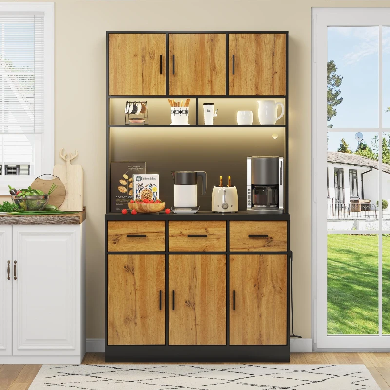Buffet de cozinha multifuncional, 3 gavetas silenciosas e 6 portas de armário, 100x40x180 cm, Cor natural