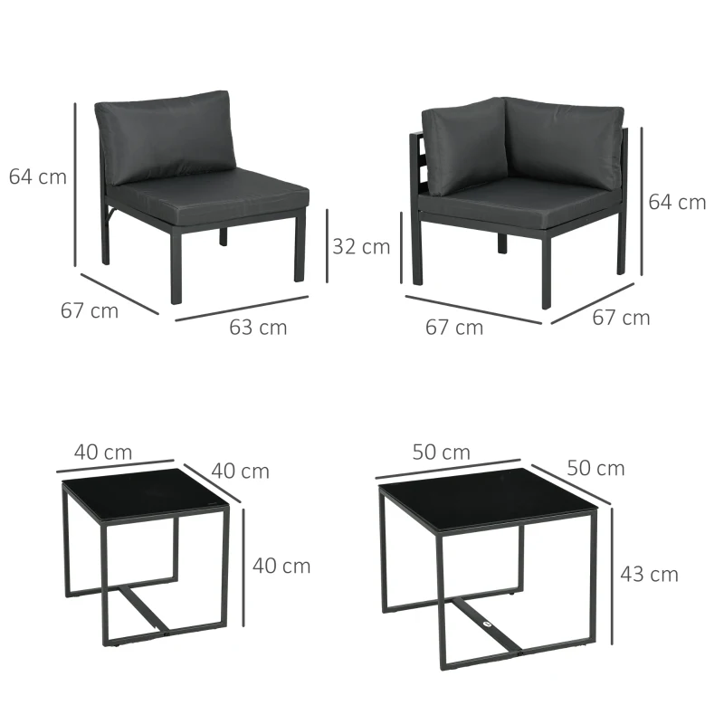 Outsunny Set da Giardino 7 Pezzi in Acciaio e Poliestere con 5 Sedie con Cuscini e 2 Tavolini da Caffè, Grigio