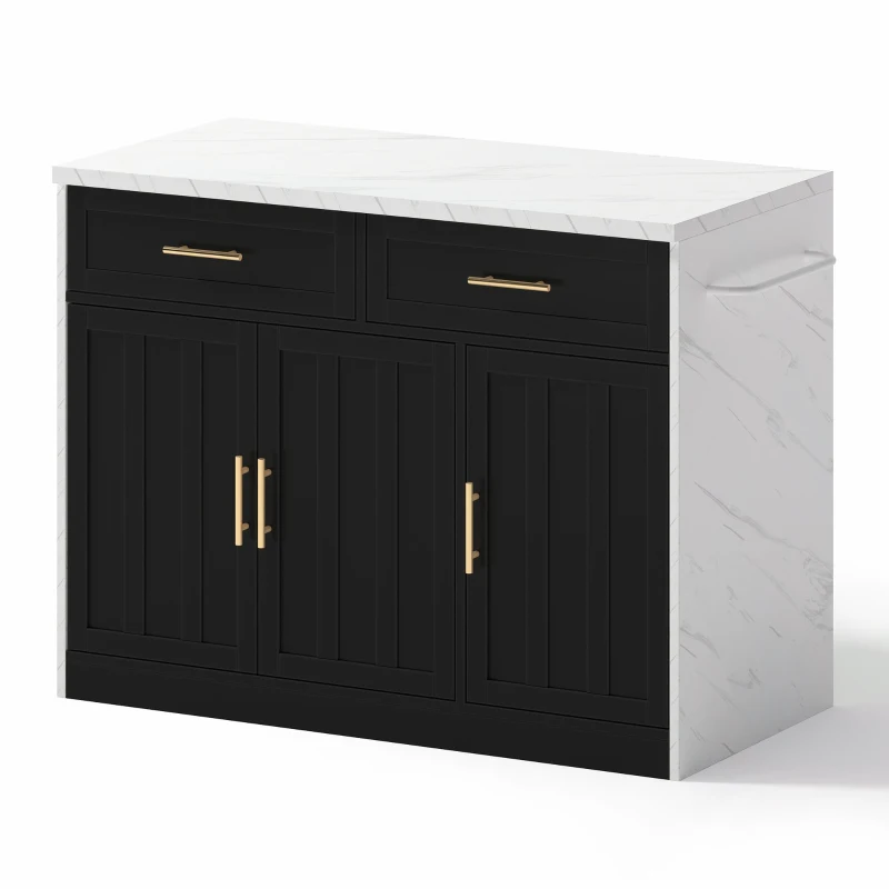 Ilha de cozinha com balcão de bar, com 2 gavetas e 3 portas, puxadores metálicos, suporte para toalhas, 120x60x91 cm, Preto