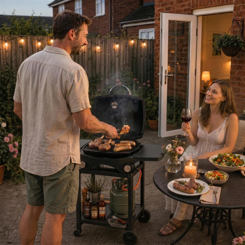 Outsunny 2 Burner Gas Grill with 2 Detachable Side Tables, 3.8 KW Steel Barbecue Grill with Cast Iron Grates, Lid, Thermometer