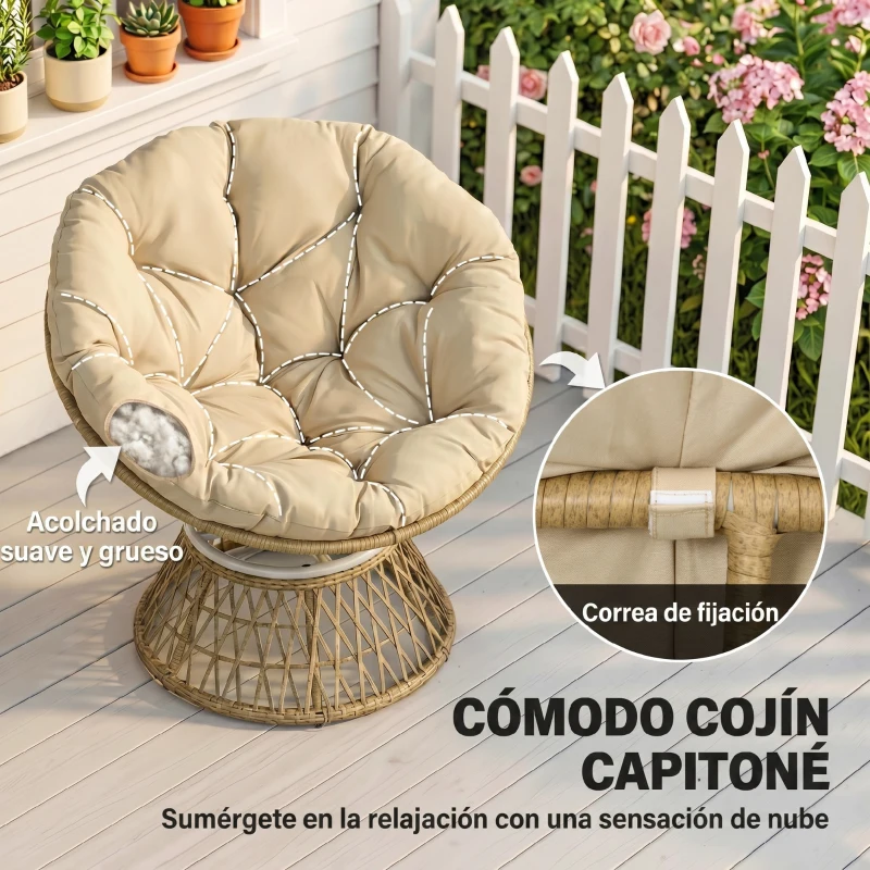Outsunny Sillón Papasan Giratorio de Ratán Sintético con Cojín Carga 120 kg para Exterior Jardín Terraza 85x70x82 cm Amarillo