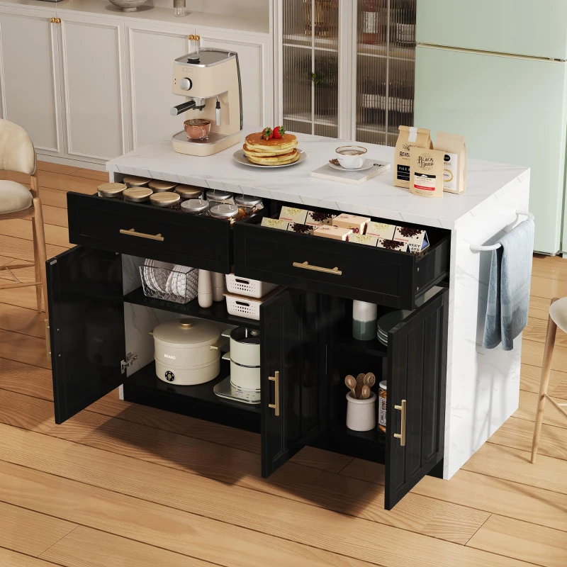 Ilha de cozinha com balcão de bar, com 2 gavetas e 3 portas, puxadores metálicos, suporte para toalhas, 120x60x91 cm, Preto