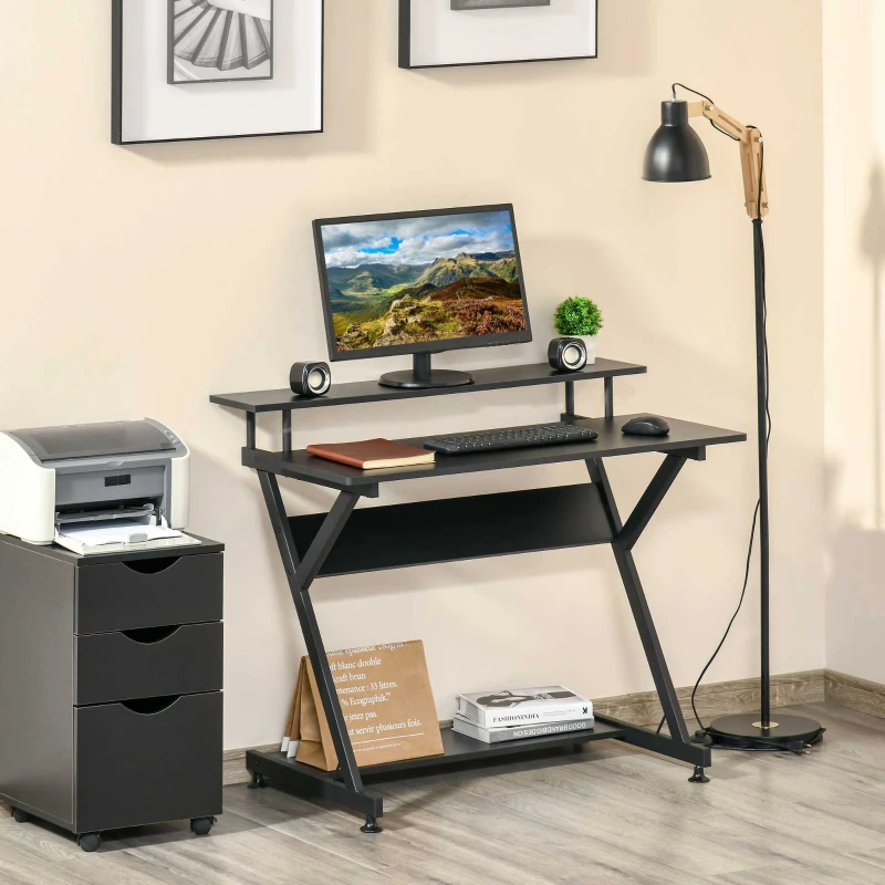 HOMCOM Computertisch Winkelschreibtisch industrieller Stil mit Höhenverstellbar Fußbett Schreibtisch Bürotisch Höhenverstellbar Fußbett MDF Metall Schwarz 100 x 60 x 85,5 cm