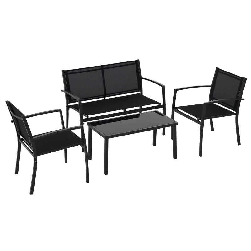 Outsunny Salon de jardin extérieur 4 pièces avec canapé 2 places, 2 chaises et table basse en verre trempé, coussins inclus, noir