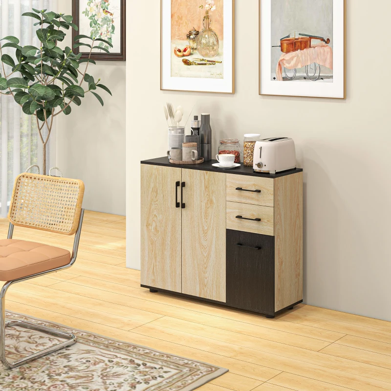 HOMCOM Aparador de Salón Estrecho con 2 Puertas 2 Cajones Estante Ajustable 90x30x75,5 cm Natural y Negro