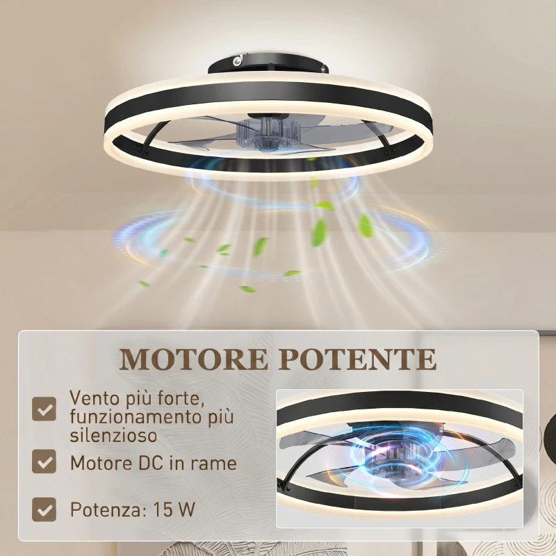 HOMCOM Ventilatore da Soffitto con Luce LED, 6 Velocità, Motore Reversibile e Telecomando, Potenza 45W, Ø50x13,5 cm, Nero