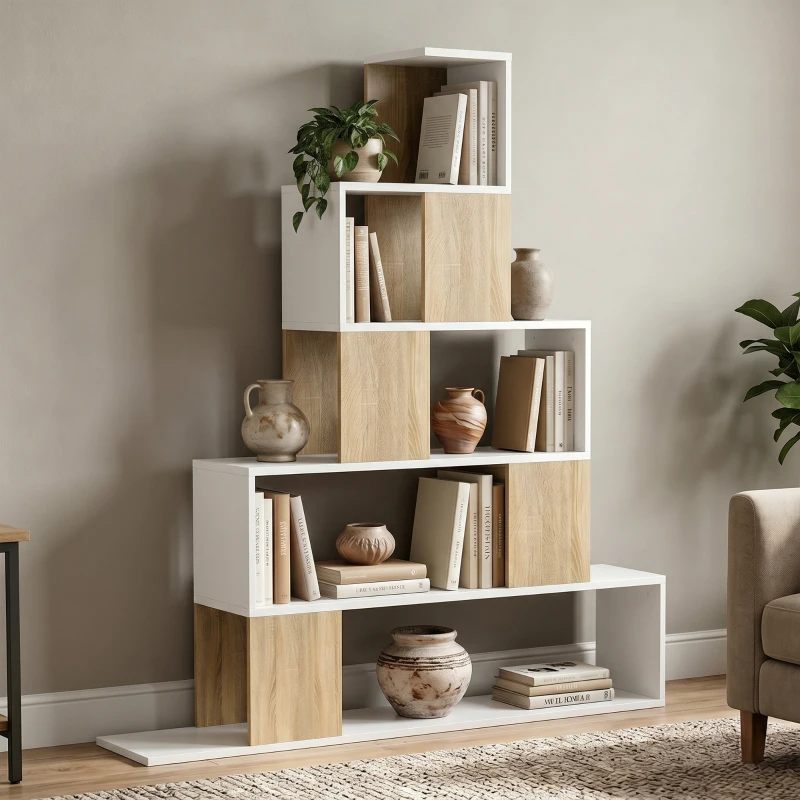 HOMCOM Libreria Moderna a 5 Ripiani con Design a Gradini, 120x22x131.5 cm, Bianco e Legno