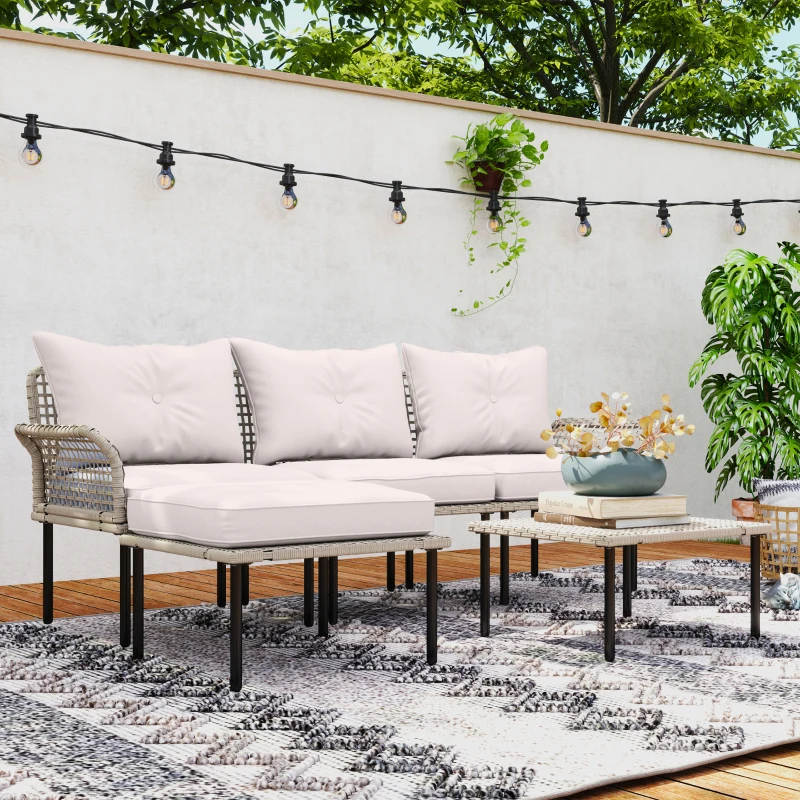 Outsunny Conjunto de Jardín de Ratán Sintético con Sofá de Exterior de 4 Módulos y 1 Mesa de Centro y Cojines Crema