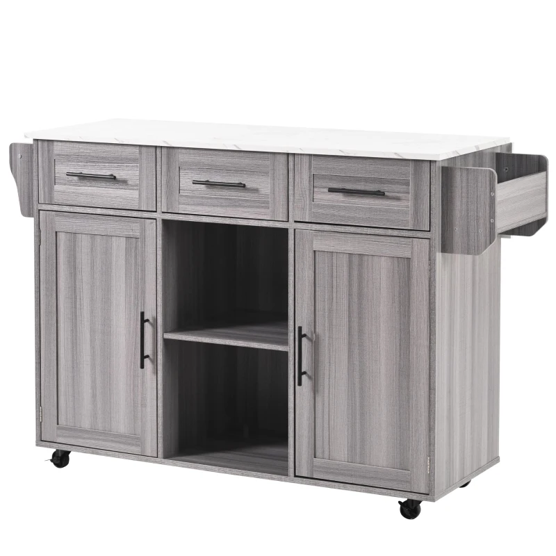 Grande ilha de cozinha com 3 gavetas, portas de arrumação, prateleiras ajustáveis e suporte para toalhas, 139x46/71x91,5 cm, Cinzento
