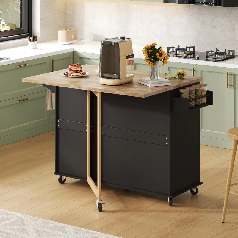 Grande ilha de cozinha móvel,design dobrável, armário multifuncional com 3 gavetas, suporte para toalhas, 137x43/76x92 cm, Preto
