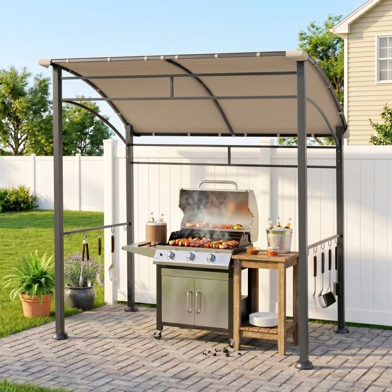 Outsunny 2.2 x 1.5 m BBQ Grill Gazebo Tent, Garden Grill with Metal Frame, Curved Canopy and 10 Hooks, Outdoor Sun Shade, Khaki