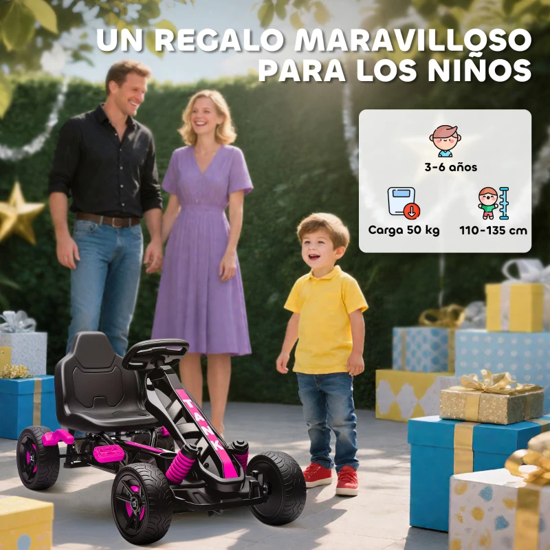 AIYAPLAY Kart Pedales para Niños de +3 Años con Embrague Automático Freno Ruedas Antideslizantes de EVA y Marco Metálico Rosa