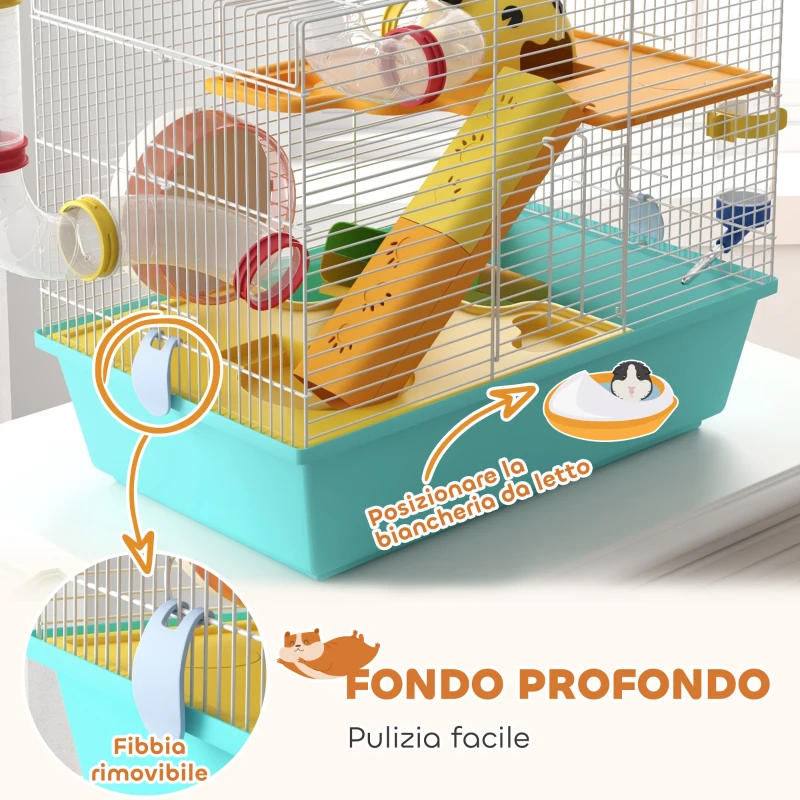 PawHut Gabbia per Criceti con Ruota, Casetta, Ciotola, Rampe e Serbatoio, in Acciaio, PS e PP, 45x28x37 cm, Bianco e Azzurro