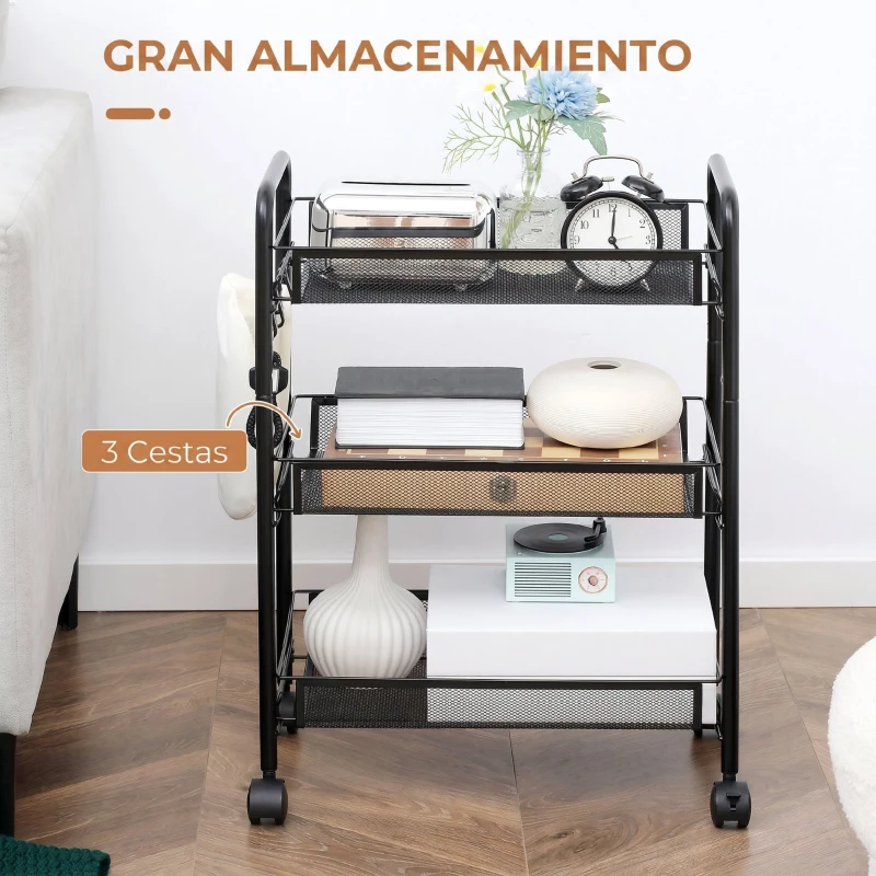 HOMCOM Carrito de Cocina de Acero con 3 Cestas Carga 9 kg para Comedor Sala de Estar Baño 45x26,5x63 cm Negro