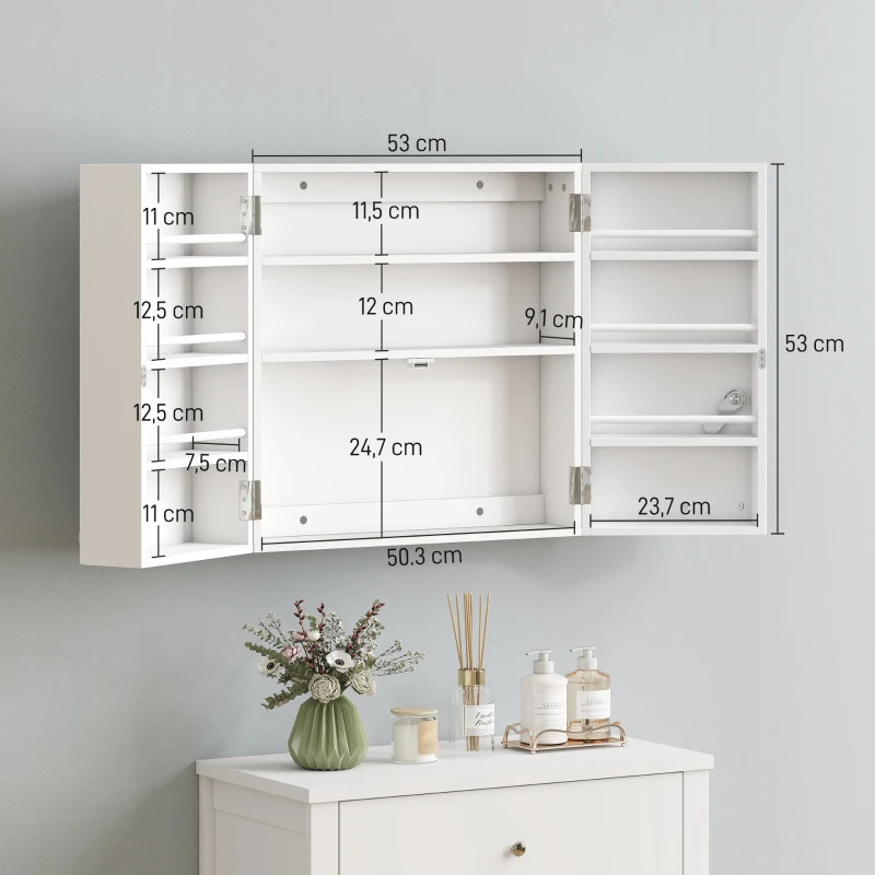 HOMCOM Armadietto Medicinali con 3 Mensole Interne e 8 Portabottiglie, in Legno e Metallo, 53x20x53 cm, Bianco
