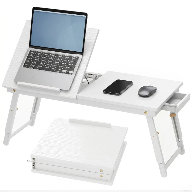 HOMCOM Masă de pat pliabilă și reglabilă, blat pentru laptop din bambus cu înclinare 83,5x33x34cm alb