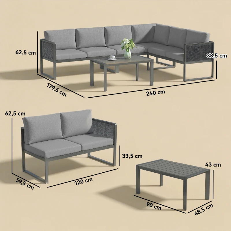 Outsunny Salotto da Giardino 6pz Modulabile con 3 Divanetti 2 Posti e Tavolino Basso, in Metallo e Legno Grigio
