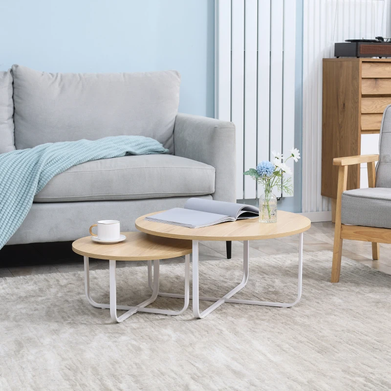 HOMCOM Juego de 2 Mesas de Centro Ø65x32 cm y Ø45x26 cm con Encimera de Madera y Patas de Metal Natural y Blanco