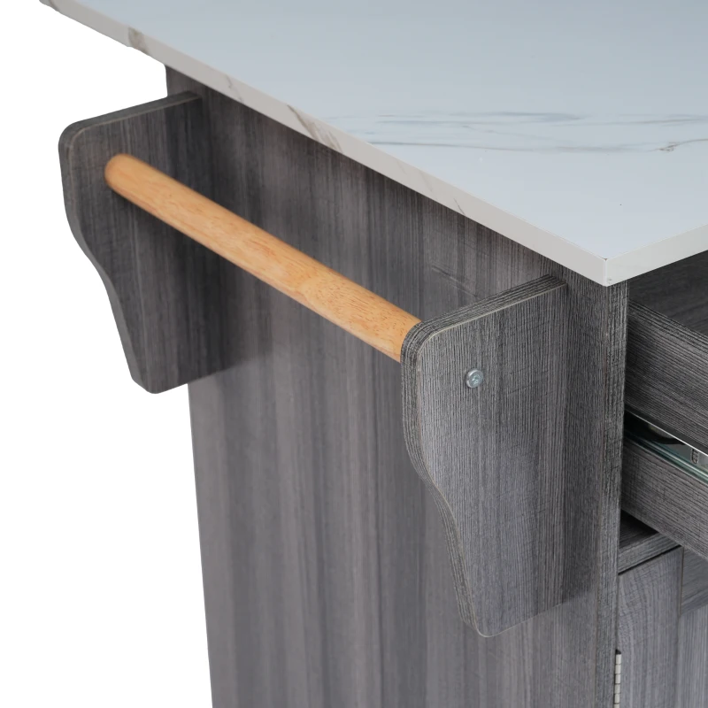 Grande ilha de cozinha com tampo extensível dobrável, 5 rodízios (2 com travão) , 129x46/71x91,5 cm, Cinzento