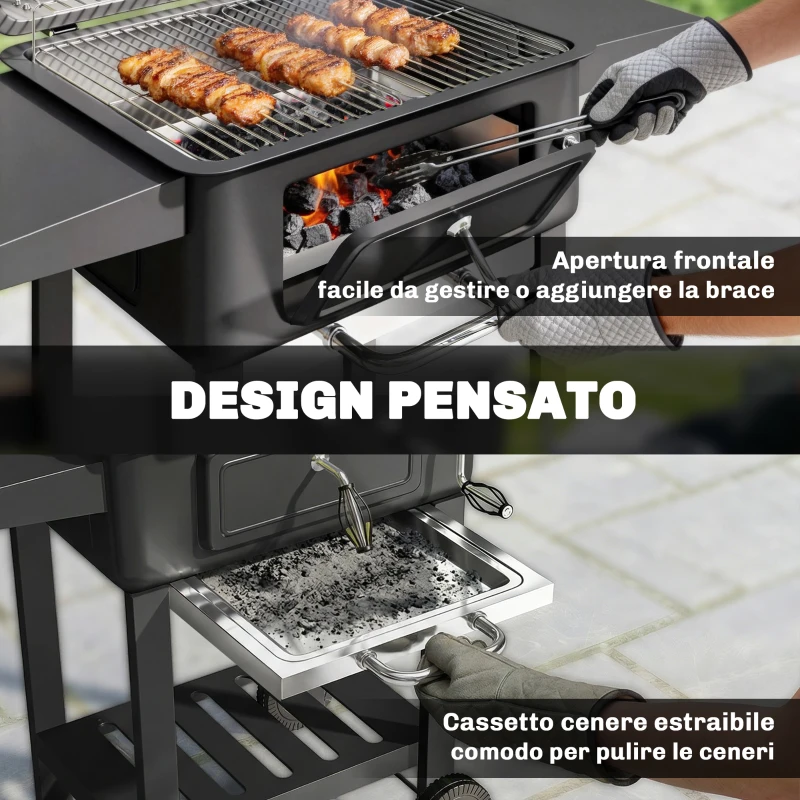 Outsunny Barbecue a Carbone, Affumicatore Portatile con Ventilazione, Termometro e Mensole Laterali, Nero