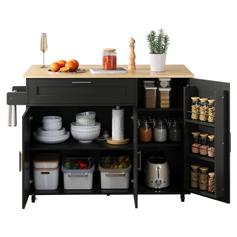 Mesa de cozinha móvel com tampo de trabalho dobrável, gaveta, prateleira para especiarias, suporte para toalhas, 132,5x44/70x90 cm, Preto+Cor natural