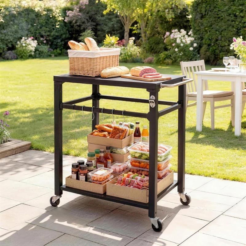 Outsunny Desserte jardin chariot de barbecue sur roulettes avec crochets, poignées, roulettes verrouillables, 90,5x55x88 cm, noir