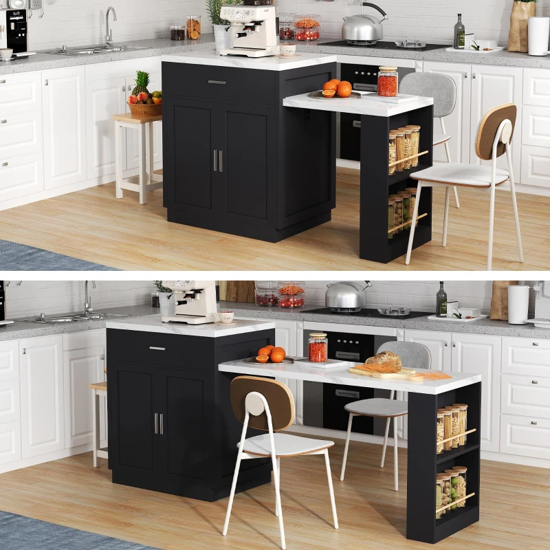 Ilha de cozinha com mesa de jantar extensível, armário de arrumação, 2 gavetas, 2 prateleiras laterais abertas, 211x55x89,5 cm, Preto