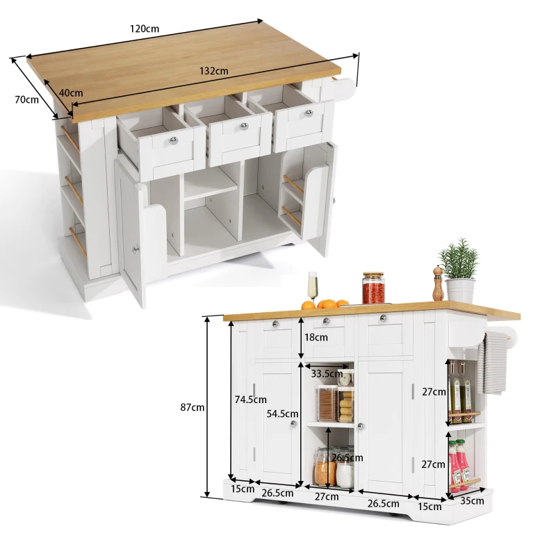 Ilha de cozinha móvel com tampo dobrável, três gavetas e dois compartimentos de armário, 132x40/70x87 cm, Branco