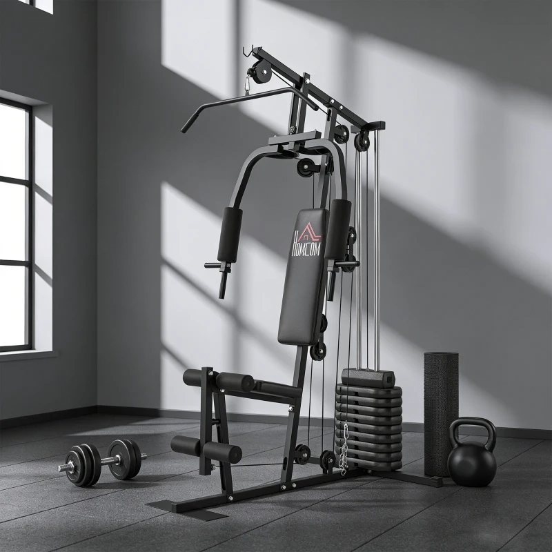 HOMCOM Station de musculation fitness avec 9 blocs de poids de 5 kg, 45kg au total, entraînement complet - 200 x 135 x 103 cm