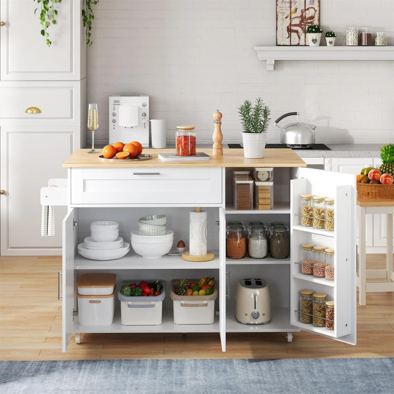 Mesa de cozinha móvel com tampo de trabalho dobrável, gaveta, prateleira para especiarias, suporte para toalhas, 132,5x44/70x90 cm, Branco+Cor natural