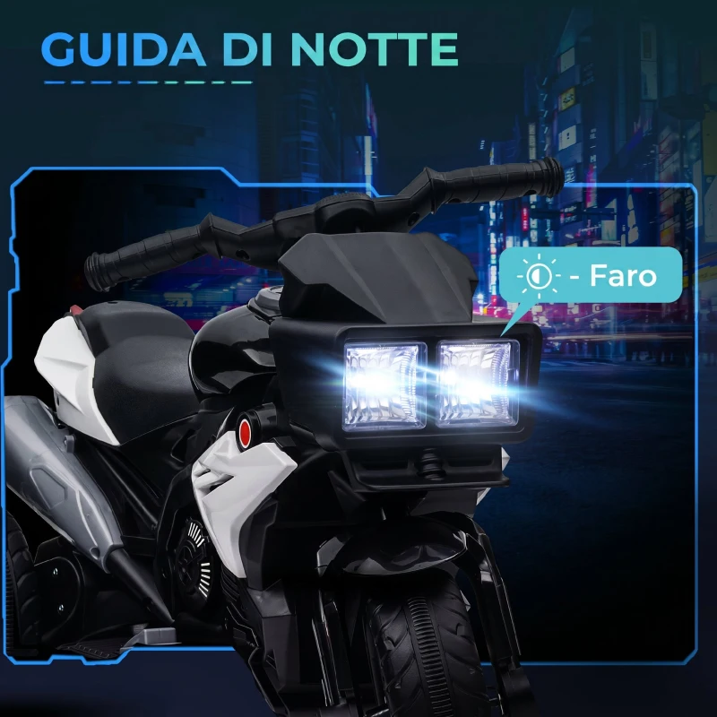 HOMCOM Moto Elettrica per Bambini 3-5 Anni (max. 25kg) con 3 Ruote, Luci e Suoni, Batteria 6V, Nero, 86x42x52cm