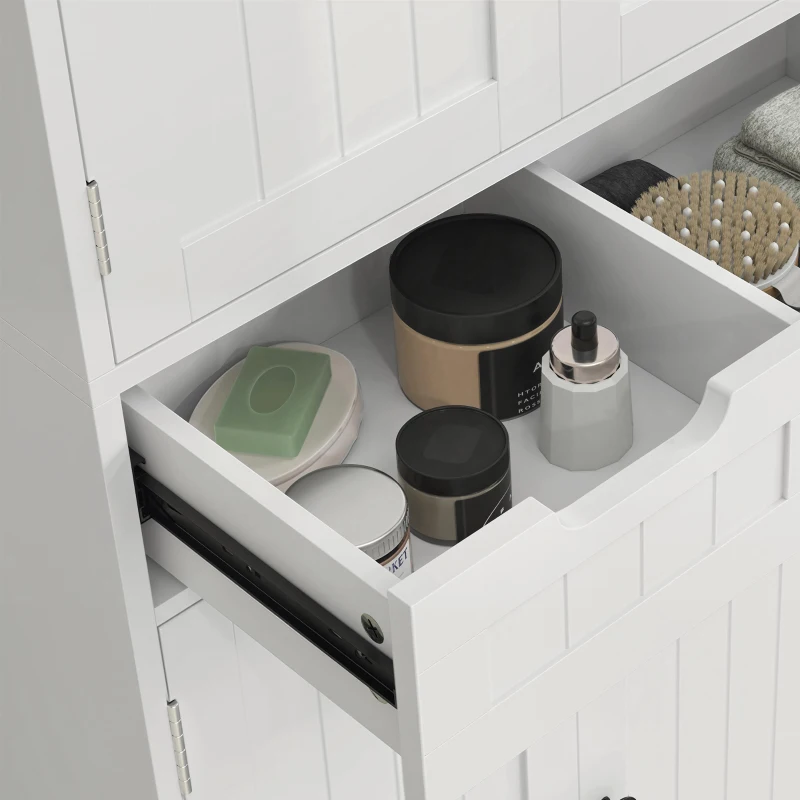 HOMCOM Meuble de salle de bain, meuble de rangement avec tiroir et 4 portes, style moderne, 60 x 30 x 160 cm, blanc