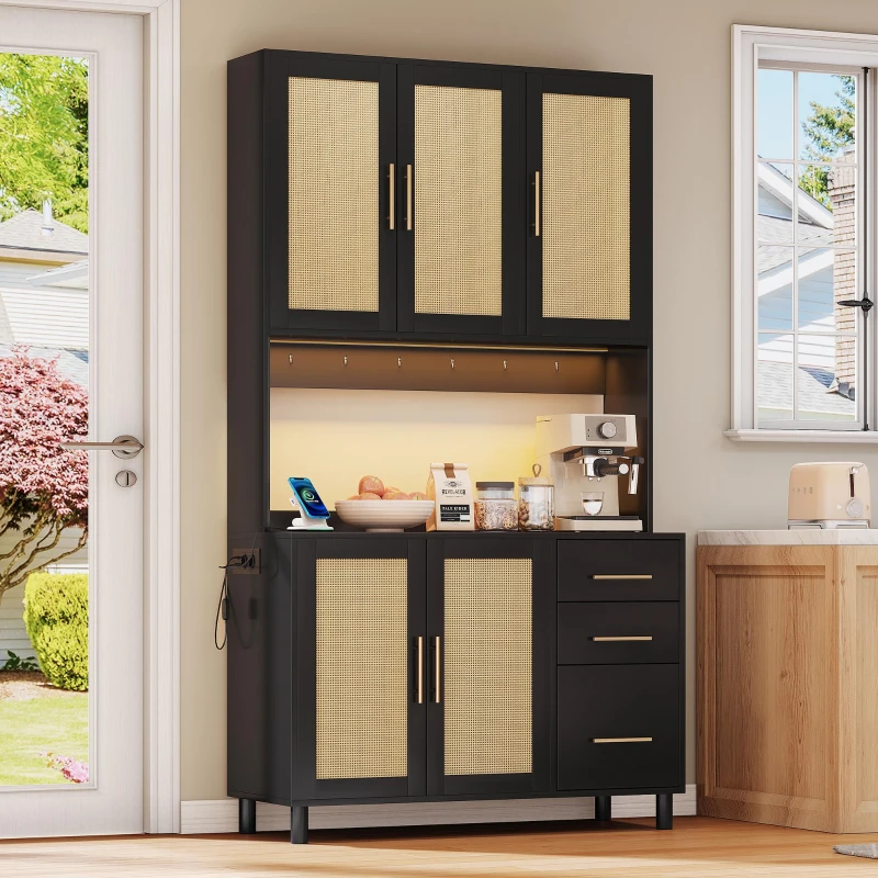 Móvel de cozinha com acabamento em rattan trançado e puxadores metálicos dourados, luzes LED decorativas, 100x40x183 cm, Preto