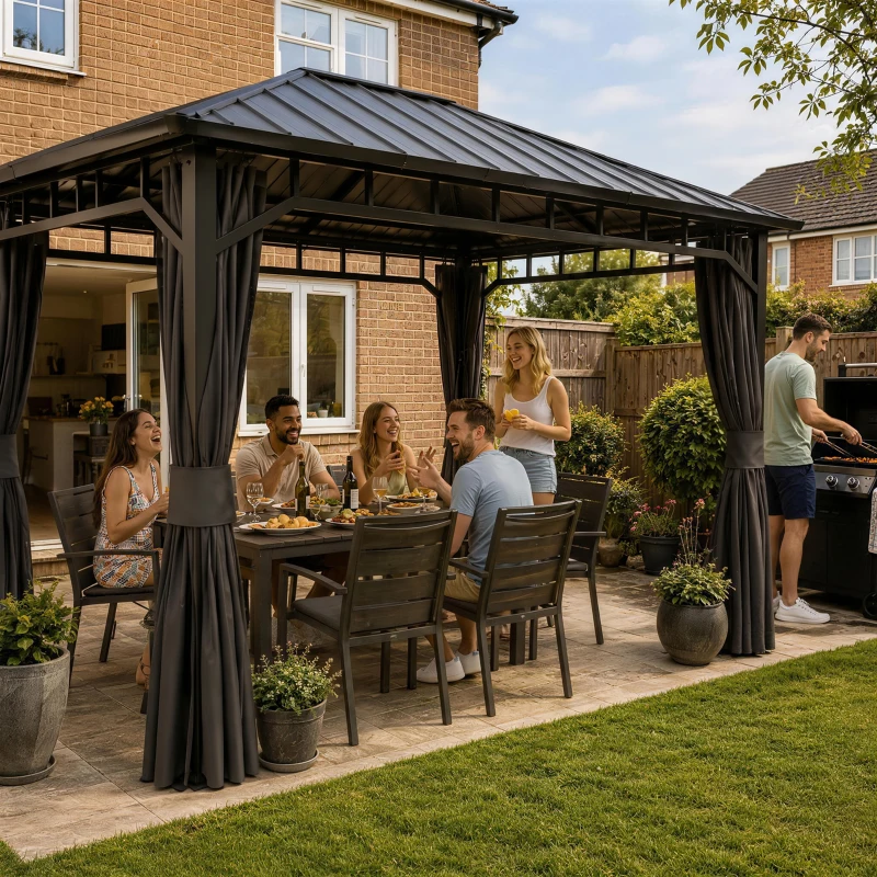 Outsunny 3 x 4m Hardtop Gazebo with Galvanised Steel Roof and Water Gutter, Waterproof Permanent Pavilion Garden Gazebo with Netting and Curtains for Patio, Deck