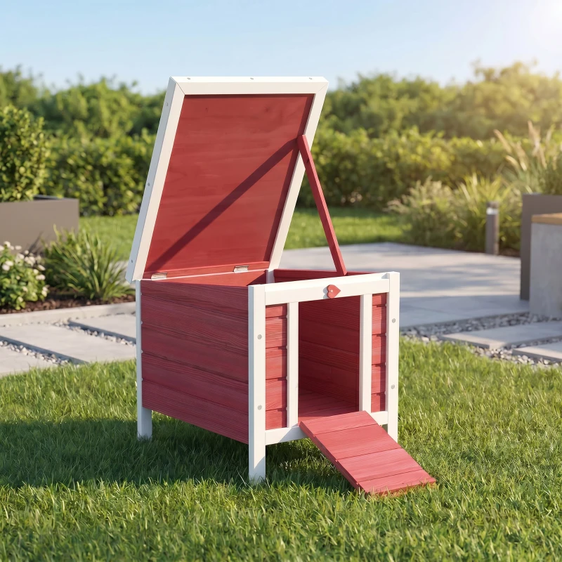 PawHut Clapier à lapin cage à lapin avec rampes/porte, toit ouvrant et étanche - en bois de sapin 51 x 42 x 43 cm rouge blanc