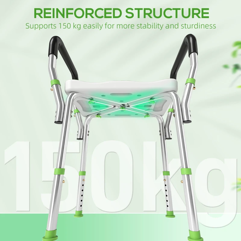 HOMCOM Tabouret de douche pour personnes âgées et handicapées avec accoudoirs, hauteur réglable, patins antidérapants, vert