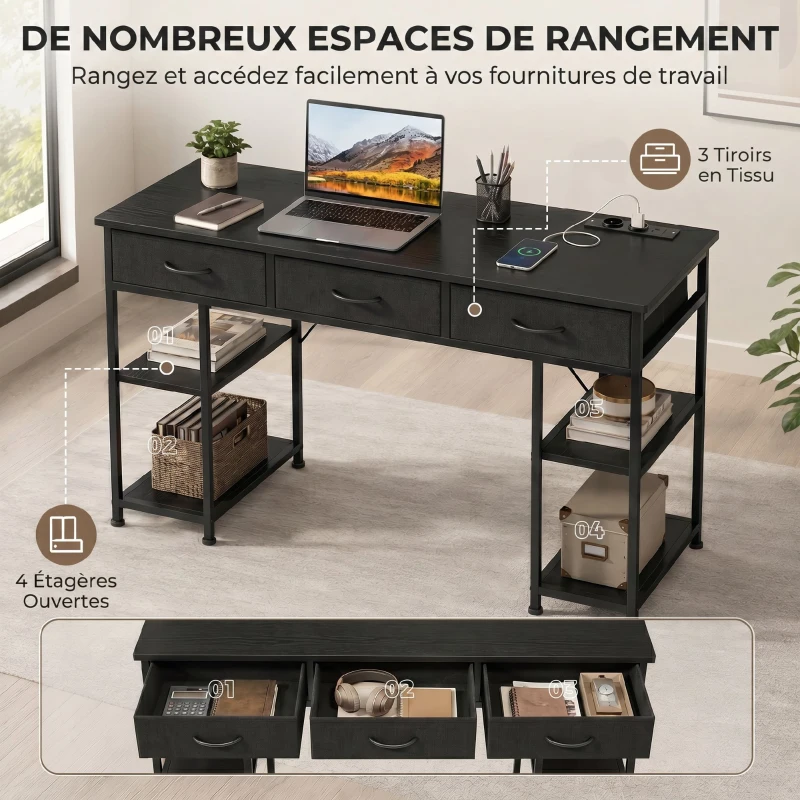 HOMCOM Bureau avec rangement avec prises de courant, 3 tiroirs en tissu et 4 étagères de rangement, 120 x 40 x 76 cm, noir