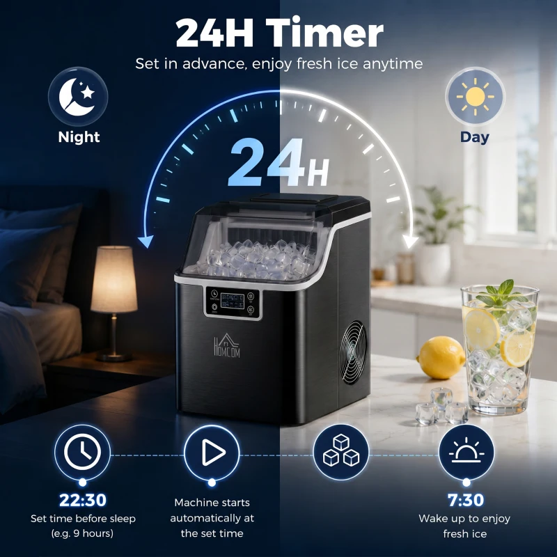 HOMCOM Machine à glaçons, 20 kg en 24h, 24 glaçons en 14-18 min, ice maker avec fonction autonettoyante, 25,2x36x37,1cm, noir