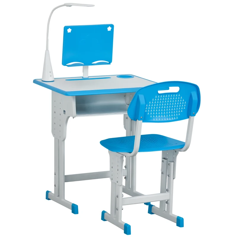 HOMCOM Kids Desk and Chair Set Adjustable Height Study Table Set with Drawer, Book Stand, Pen Slot - Blue