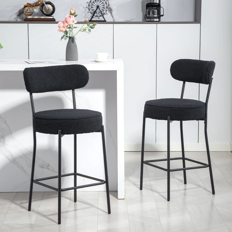 HOMCOM Lot de 2 tabourets de bar en tissu bouclette, chaises de bar avec dossier courbé, repose-pieds, 49x52x95cm, noir