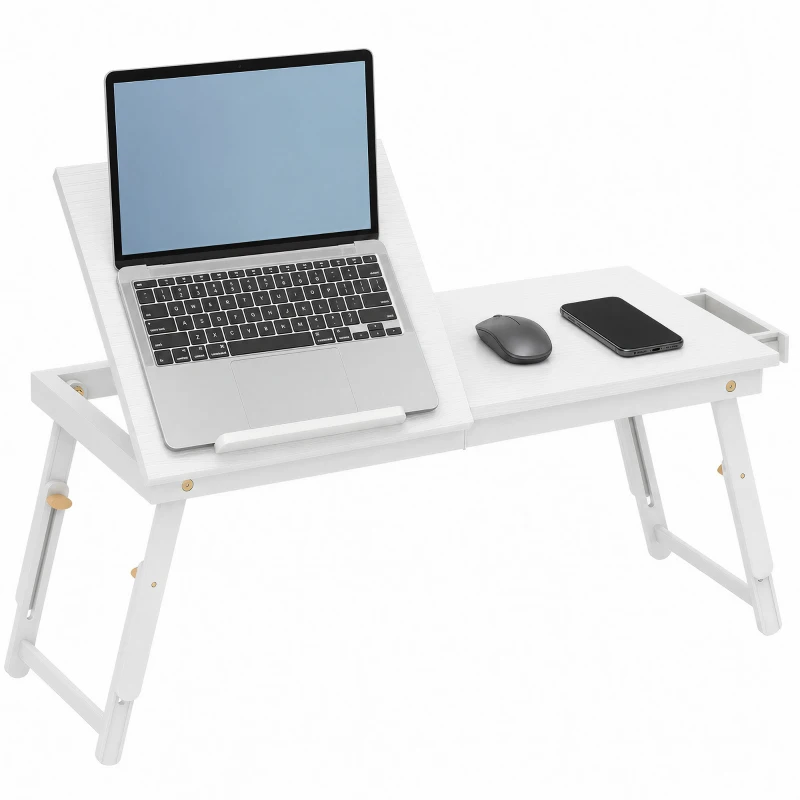 HOMCOM Masă de pat pliabilă și reglabilă, blat pentru laptop din bambus cu înclinare 83,5x33x34cm alb
