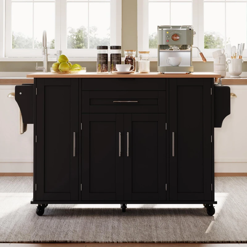 Ilha de cozinha móvel com gaveta oculta para talheres, prateleiras reguláveis, prateleira para especiarias e suporte para toalhas, 136x45/70x92 cm, Preto+Cor natural