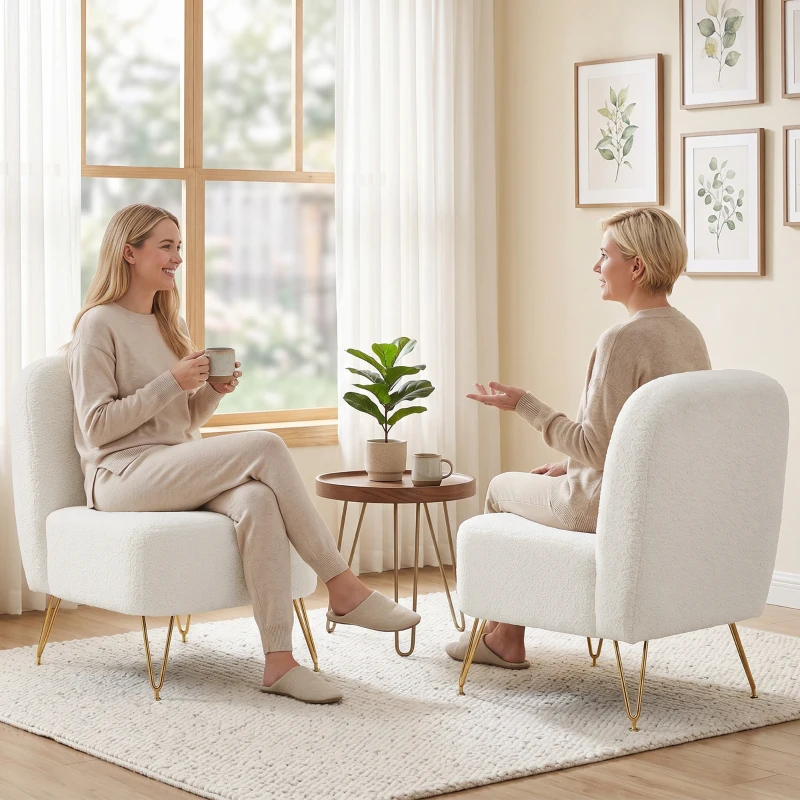 HOMCOM Sillón de Salón Sin Reposabrazos Sillón Auxiliar Acolchado en Tejido Bouclé Cojín Grueso Asiento Ancho Blanco