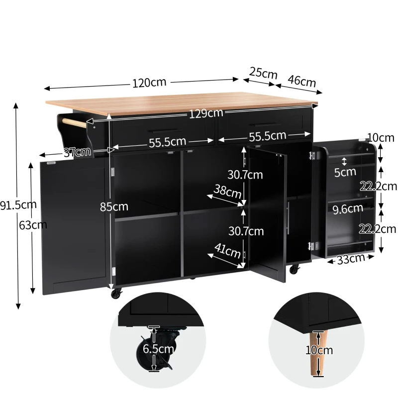 Grande ilha de cozinha com tampo extensível dobrável, 5 rodízios (2 com travão) , 129x46/71x91,5 cm, Preto+Cor natural