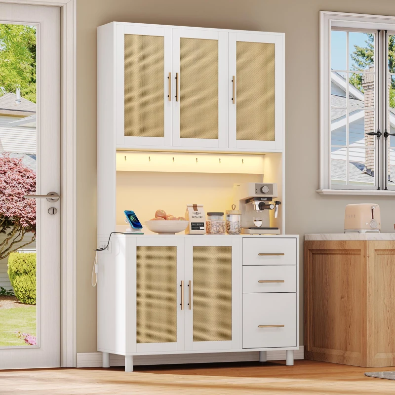 Móvel de cozinha com acabamento em rattan trançado e puxadores metálicos dourados, luzes LED decorativas, 100x40x183 cm, Branco