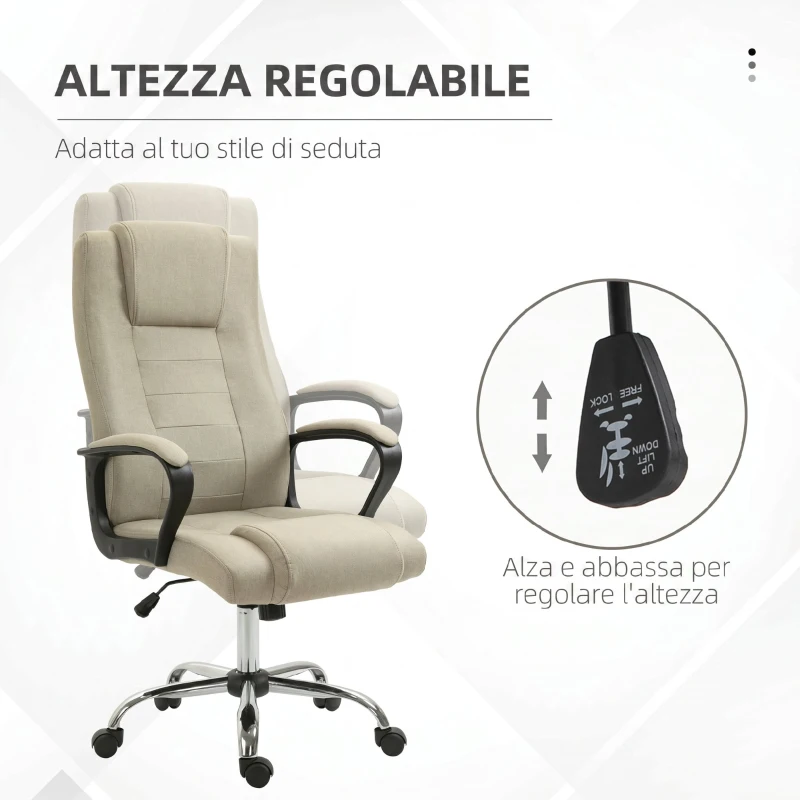 Vinsetto Sedia da Ufficio Ergonomica Inclinabile Girevole in Tessuto Effetto Lino con Poggiatesta, Beige
