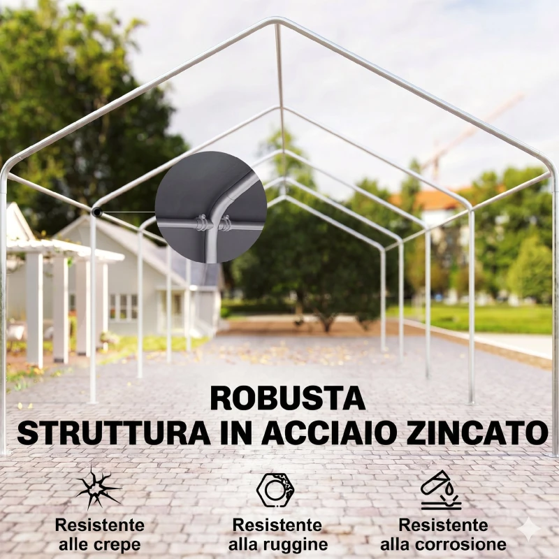 Outsunny Garage Auto per Esterno con Porte a Cerniera e Pannelli Removibili 8x4 m, Grigio Scuro